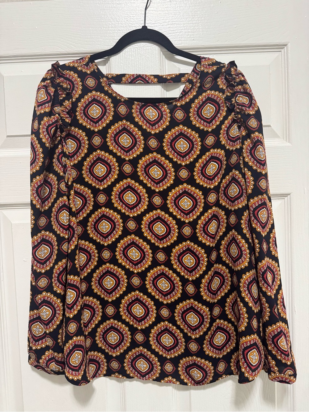 LOFT Black Blouse with Maroon and Mustard Medallion Print
